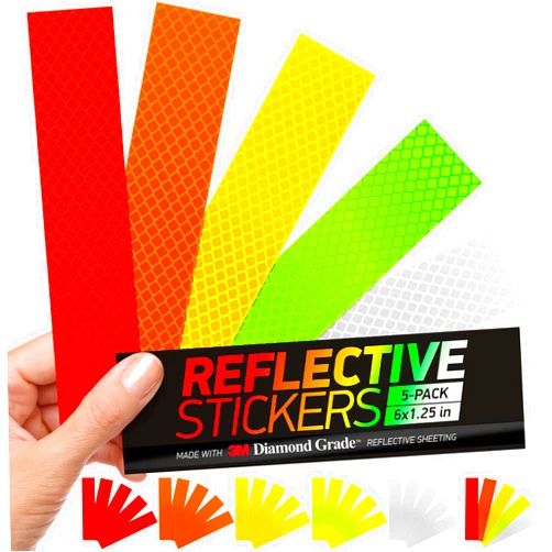 Byllstore High-Visibility Reflective Stickers | 3M Diamond Grade | Mixed Colors | 1.25″ x 6″ | 5-Pack | Multipurpose Use for Helmets, Cars, Mailboxes & More