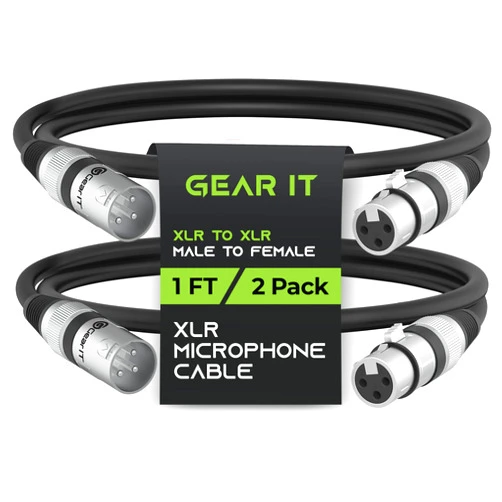 GearIT XLR to XLR Microphone Cable (1 Feet, 2 Pack) XLR Male to Female Mic Cable 3-Pin Balanced Shielded XLR Cable for Mic Mixer, Recording Studio, Podcast - Black, 1Ft, 2 Pack