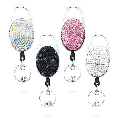 SQEYYGI 4PCS Badge Holder Retractable Clip with Bling Rhinestones Crystal, Sparkly Badge Reel with Belt Clip and Key Ring (White + Pink + AB Clour + Black)