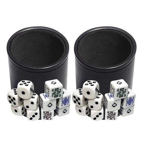 Cyber-Deals Black PU Leather Black Felt Lined Dice Cup with White Poker & Pip Dice in Storage Pouch Set (2 Sets)