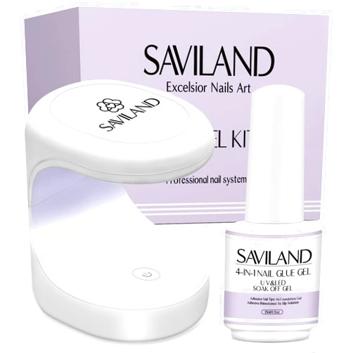 SAVILAND Gel X Nail Glue with Lamp Kit, 4-in-1 U V Nail Glue Gel DUO 15 ML for Nail Tips and U V Nail Lamp for Nails Fast Curing Nail Glue for Gel X Nail Extension DIY Nail Art