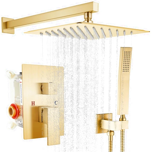 gotonovo Rainfall Bathroom Shower System Rain Shower Head and Handle Set Wall Mounted Shower Complete Combo Solid Brass Pressure Balancing Shower Mixer Valve 12 Inch Brushed Gold