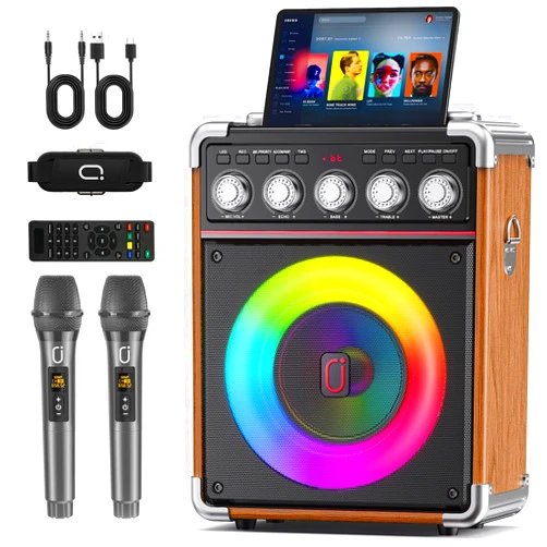 PPMIC Karaoke Machine for Adults with 2 Wireless Microphones, Portable Bluetooth 5.3 Speaker with Bass/Treble/Echo Adjustment, PA System with Remote Control, Supports TWS/TV/TF Card/USB/AUX (Wood)