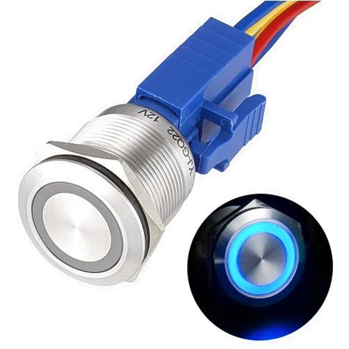 APIELE 22mm Momentary Push Button Switch 12V Angel Eye LED Waterproof Stainless Steel Round Metal Self-Reset 7/8'' 1NO 1NC with Pigtail (Blue)