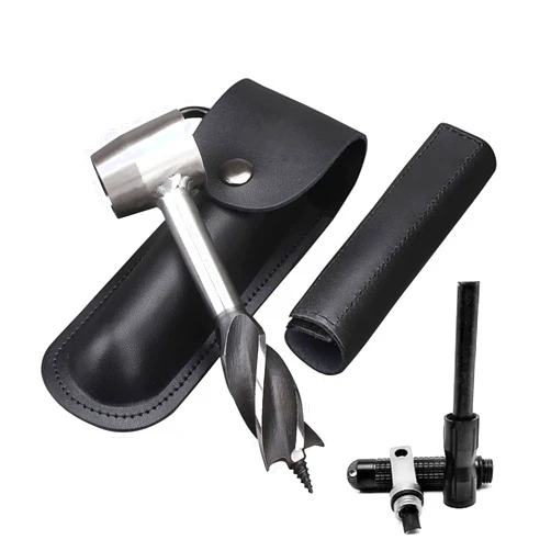 HNONPW Bushcraft Gear for Survival Settlers Bushscraft Hand Auger Wrench with Flint Scotch Eye Wood Drill Peg and Manual Hole Maker Multitool with leather Case Camping Bushcrafting and Outdoor Backpacking