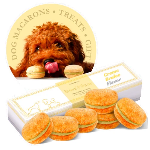 Bonne et Filou Gourmet Dog Treats Dog Macarons Human Grade Dog Gift Box Healthy and Delicious Snacks for Small to Large Dogs All Natural Macaron Dog Cakes - Creme Brulee 6 Count