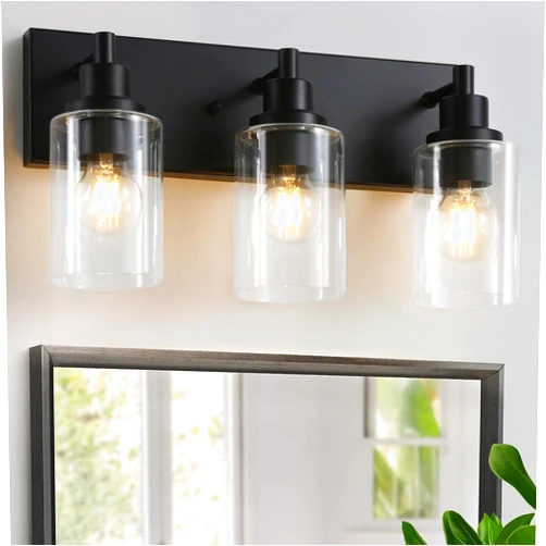 LOUSACE 3 Light Vanity Light, Matte Black Bathroom Light Fixtures Over Mirror, Modern Bathroom Lighting with Clear Glass Shade, Black Farmhouse Wall Sconces
