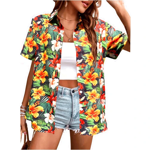 Otistyl Women's Hawaiian Shirts Floral Tropic Print V Neck Button Down Shirt Summer Hawaii Short Sleeve Blouse Tops