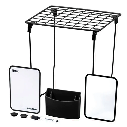 LockerMate 7-Piece Locker Organizer Kit, includes Locker Shelf, Mirror, Whiteboard, Storage Cup & Dry Erase Marker - Black