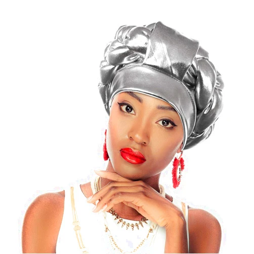 Beauty Town Aso Oke Auto Gele Headtie Satin Head Wrap Turban (Silver)