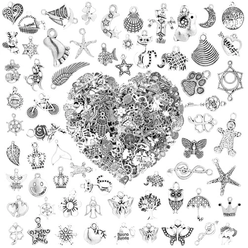 Crweety 460 Pcs Silver Charms for Jewelry Making, Assorted Mixed Tibetan Silver Metal Pendants Earring Charms for Bracelets Necklace Keychain DIY Crafting