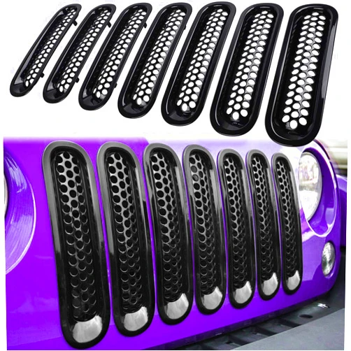 E-cowlboy 7PCS Front Grill Mesh Inserts for Jeep Wrangler JK JKU Sport Freedom Rubicon Sahara Unlimited 2007-2018 Exterior Accessories Clip-in Grille Guard Cover Trim (Glossy Black)