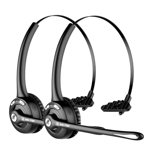 Delton 10X Trucker Bluetooth Headset, Wireless Headphones w/Microphone, Over The Head Single Earpiece with Mic for Skype, Call Centers, Truck Drivers - 18Hrs (2-Pack)