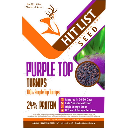 Hit List Seed Purple Top Turnip Deer Food Plot Mix, 3lbs (1/2 Acre) - High Energy, High Protein, Late Season Nutrition, Easy to Grow, Deer Food, Attract Whitetail Deer, Blacktail Deer, Elk, Hunting