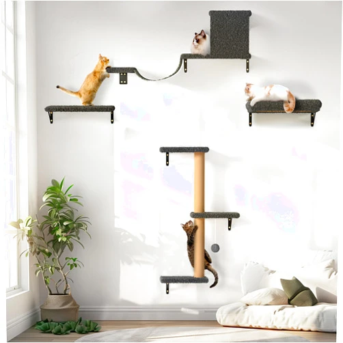 FUKUMARU Cat Wall Shelves, Stable & Safe 4 in 1 Cat Furniture Set, Wooden Climbing Wall with Scratching Post for 16 Inch Drywall - Gray