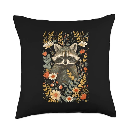 Raccoon Cottagecore Aesthetic Animal Designs Cute Raccoon Cottagecore Botanical Flowers Nature Whimsical Throw Pillow