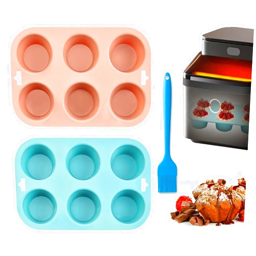 Zuchis Silicone Muffin Pan - 6-Cavity Nonstick Baking Tray for Muffins, Cupcakes, Brownies and More - Food Grade and BPA Free - Pack of 2 Colors with brush