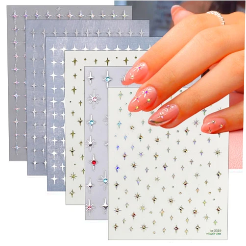 KEHKFSEF 6 Sheets Star Nail Sticker Crystal Diamond Four-Pointed Stars Nail Decals 3D Glitter Shiny Gold Silver White Stars Nail Art Design Holographic Nail Supplies Decoration for Women Nail Accessories
