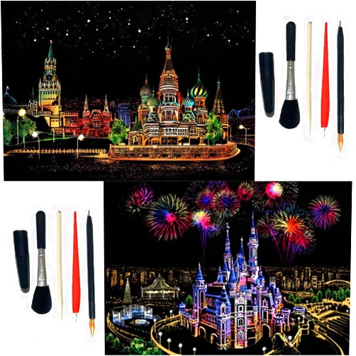 Ciomony Hue Board Scratch Art with Tools,Hueboard Art Scratch,Scratch Colorful City Series for Teens & Adults,Scratch Night View,Scratch Painting Art Drawing Picture,for Gifts (4+5)
