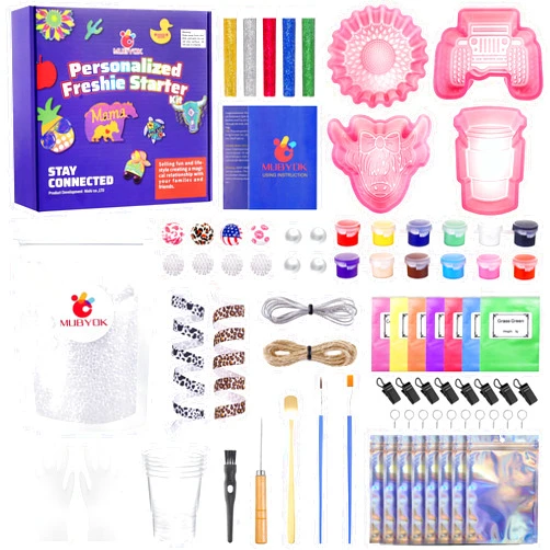 MUBYOK M140 85PCS Car Freshies Supplies Starter kit, DIY Freshie Making kit with Unscented Aroma Beads,Freshies Silicone Molds and Accessories (Make 8 freshie)