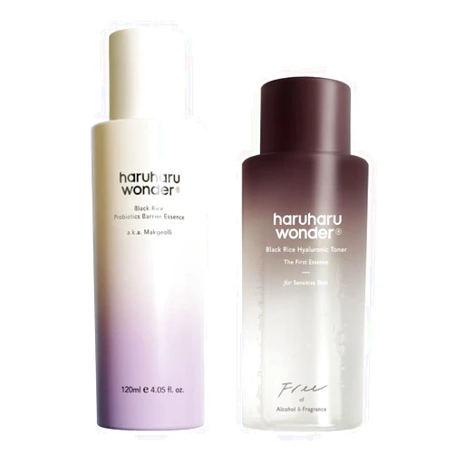 haruharu Wonder Skin Flooding Essential Kit, Black Rice Probiotics Barrier Essence & Hyaluronic Toner for Sensitive Skin