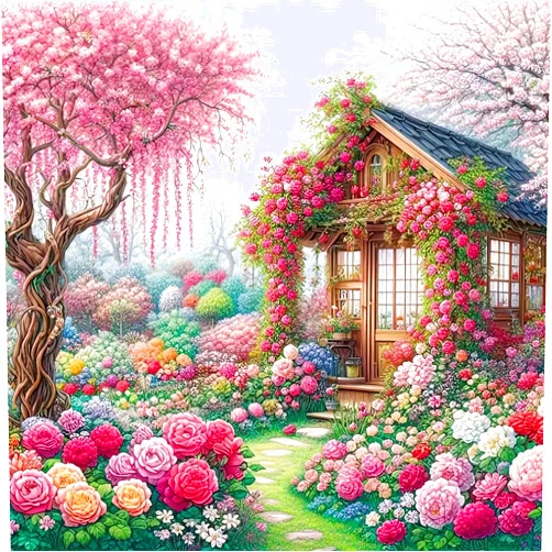 Rekxtmo House Flower Diamond Art Kits for Adults, Pink Flower Diamond Painting for Beginners, 5D Diamond Dot, Dimond Art Paintings Kit, Gem Painting Kit, Crafts for Adults, Home Wall Decor Gifts (14x14inch)