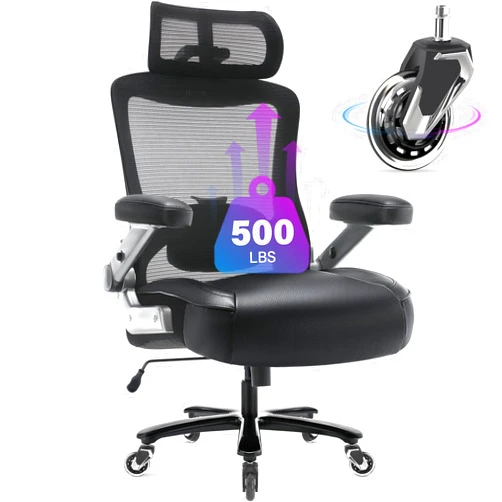 Petheivun Big and Tall Office Chair 500lbs with 3D Flip Arms Adjustable Headrest - Heavy Duty Large Wheels Executive Computer Desk Chair, Ergonomic Lumbar Support Mesh High Back Plus Size Chair for Adults