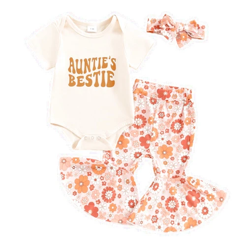 SAYOO Aunties Bestie Baby Clothes Girl Baby Girl Aunt Saying Letter Romper Shirt Floral Flare Pants Headband 3Pcs Outfit