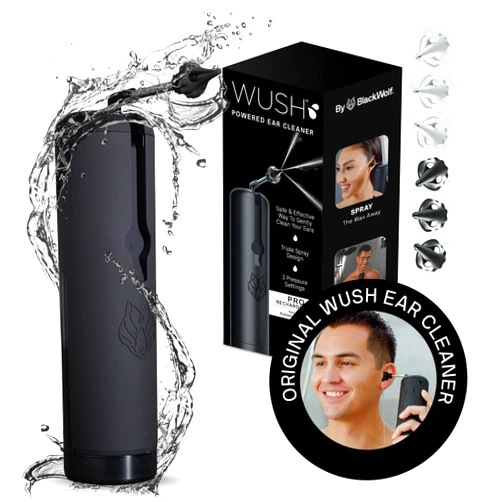 Black Wolf Wush Pro by Black Wolf - The Original Deluxe Water Powered Ear Cleaner with 6 Reusable Replacement Tips by Black Wolf - Safe & Effective for Ear Wax Buildup - Electric Ear Wax Removal Kit (Black)
