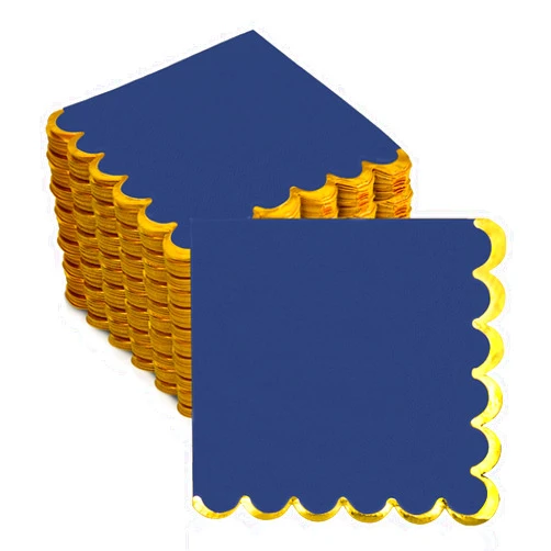 Datyiiha 200 Pack Navy Blue and Gold Paper Napkins Scalloped Cocktail Napkins Blue Disposable Beverage Napkins for Birthday Baby Shower Wedding Party Supplies Dinnerware Tableware Decorations