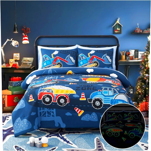 Kaleido Space Truck Tractor Excavator Twin Comforter Set with Sheets - 5 Pieces Kids Twin Bedding Sets for Boys, Glow in The Dark Construction Trucks Twin Bed in a Bag for Kids, Teens