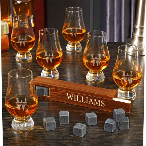 HomeWetBar Engraved Whiskey Stone Set with 6 Glencairn Whiskey Tasting Glasses (Personalized Gift)