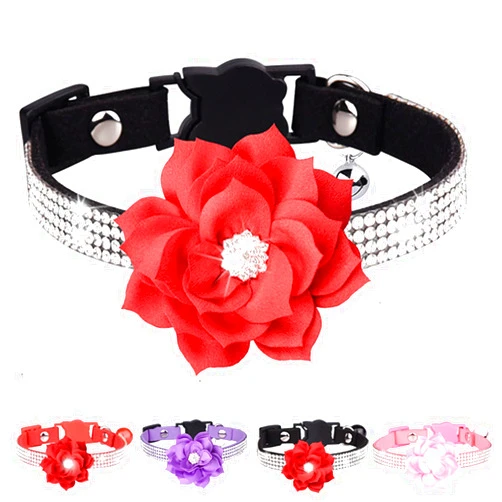 THAIN Rhinestone bling kitten cat collar breakaway diamond with bell and floral decoration velvet quick release (S, Black)