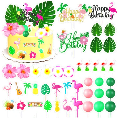 Tallew 42 PCS Hawaiian Cake Topper Flamingo Cake Toppers Hawaiian Cake Decorations Summer Hibiscus Flowers Palm Leaves Cake Toppers for Hawaii Aloha Birthday Tropical Luau Theme Party
