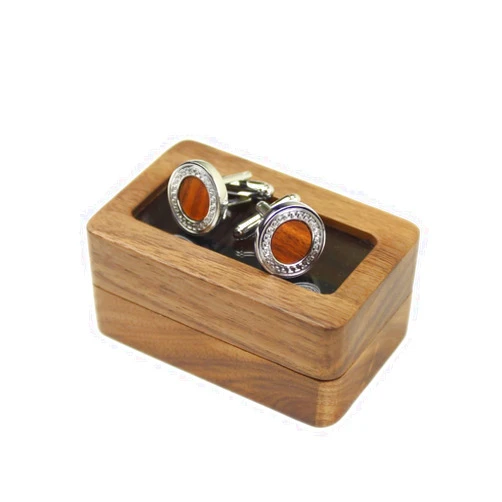 DSHOM Rustic Black Walnut Wooden Round Cufflinks Tie Clips With Organizer Box for Men