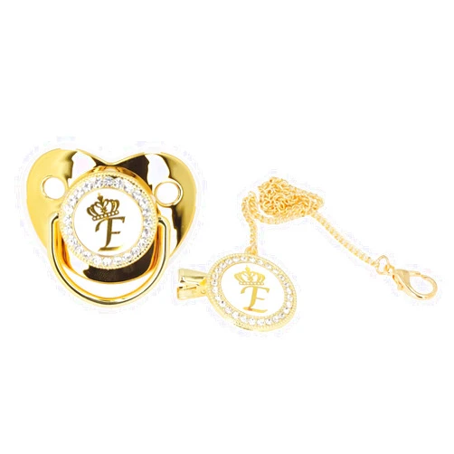 Epoleatries Golden Crown Letter Rhinestone Infant Pacifier with Chain Clip for Little Ones 6 to 18 Months (Letter E)