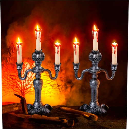 JOYIN 2 Pcs Skull Candelabra Halloween Decorations Indoor LED Lights Flameless Candles Holder, Scary Haunted House Mansion Decor for Table Home Party