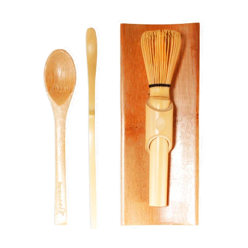 BambooMN Matcha Whisk Set - Skinny Golden Chasen (Tea Whisk), Tray, Chashaku (Hooked Bamboo Scoop), Tea Spoon - 1 Set