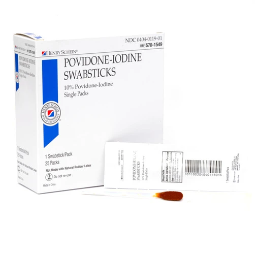 Henry Schein Prep Povidone-Iodine Swabsticks 1's- Individually Packed, Sterile, Antiseptic for Skin Preparation, 10% Povidone-Iodine- 25/BX