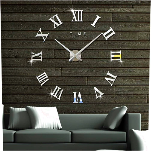 Artensky Wall Clock 3D DIY Large Roman Numerals Vintage Acrylic Stickers Mirror Home Decoration (Silver)