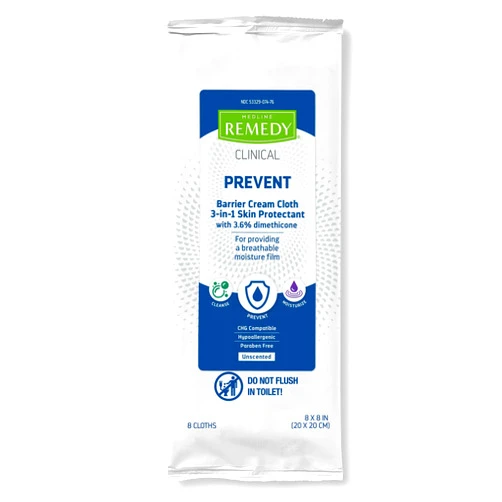 Medline Remedy Phytoplex 4-in-1 Barrier Cream Cloths with Dimethicone, All in 1 Wipe for Incontinence Care, Fragrance Free (8 Count, 32 Packs)