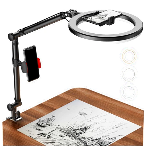 LUOLED Ring Light with Stand and Phone Holder, USB 10'' Ring Light for Desk, Overhead Camera Mount with Ring Light, Desktop Ring Light with Clamp for Photography/Makeup/Live Stream Video/YouTube