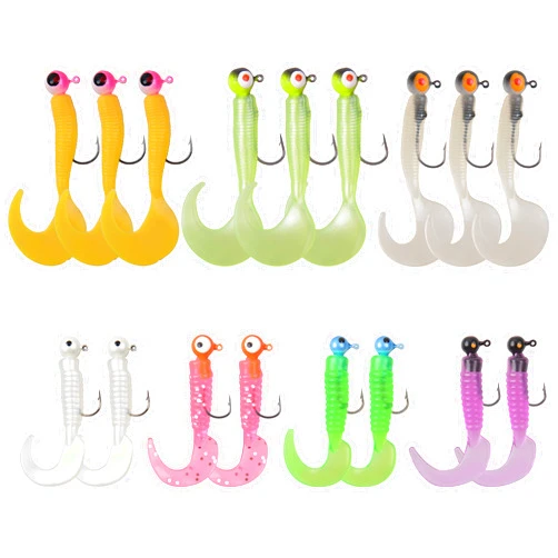 SILANON Grub Lures Fishing Jigs Head Hooks Kit- Soft Plastic Grub Tail Worm Lure Bait Crappie Jigs Buster Tubes Baits for Bass Trout Saltwater Freshwater Fishing 17-110pcs