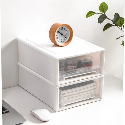 Tutata Small Desk Organizer, Stackable Organizer Drawers, Clear Desk Storage Box, Desktop Drawer for Craft Storage, Stacking Desktop Organizer for Office and Home (Narrow Open Version, White) -1 Count