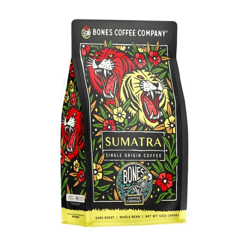 Bones Coffee Company Sumatra Single-Origin Whole Coffee Beans, Low Acid Coffee Made with Arabica Coffee Beans, Dark Roast Gourmet Coffee, Coffee Lover Gift Ideas (12 oz)