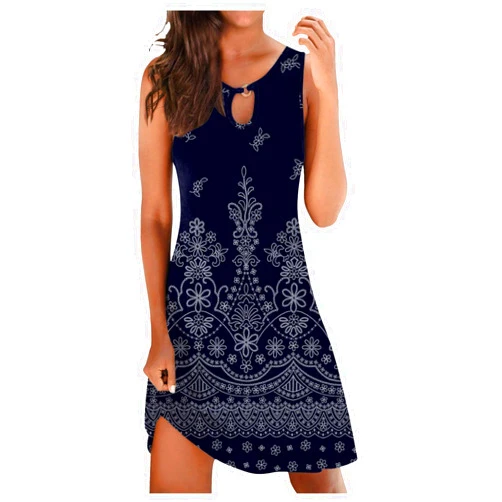 Eduavar Casual Dresses for Women, Mini Dresses for Women Summer Floral Printed Keyhole Round Neck Sleeveless Mini Dress