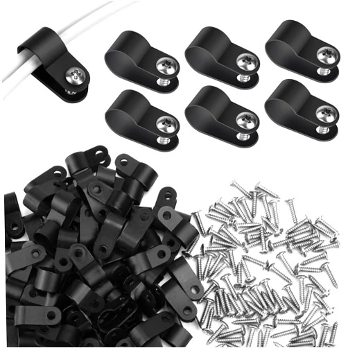 RGBZONE 120pcs 3/8 Inch Black R-Type Cable Clips with Screws, Nylon Plastic Wire Clips for Indoor Outdoor Electrical Wire Cord Management (10.4mm, 3/8 Inch)