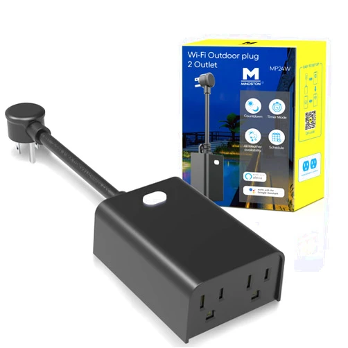 Minoston Outdoor Smart Plug Wi-Fi Plugs Outlet with 2 Individual Control Sockets, Weather-Resistance, Work with Alexa, Google Assistant, 125V, 2.4 GHz Wireless Frequency, No Hub Required (MP24W)
