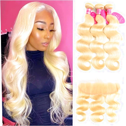 Aopusi Blonde Bundles with Frontal 613 Honey Blonde Human Hair 3 Bundles with Transparent Color Lace Frontal Closure Brazilian Body Wave 10A Remy Human Hair Weft Can Be Dyed(16 18 20+14)