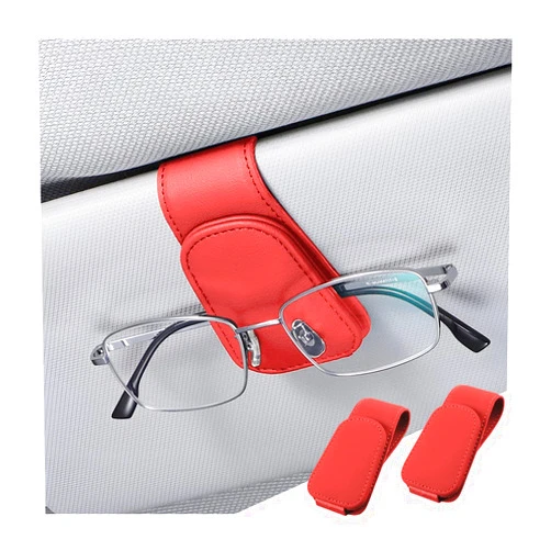 Zipelo Sunglasses Holder for Car Sun Visor, 2 PCS Magnetic Leather Eyeglass Hanger, Sun Glasses Mount Clip on Visors, Ticket Card Cash Organizer, Auto Interior Accessories (Red)